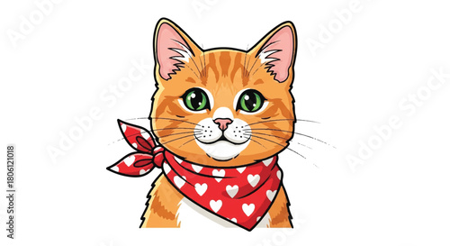Charming Feline in Heart Scarf: An adorable ginger tabby cat with striking green eyes is showcased, adorned with a lovely heart-patterned scarf. It epitomizes warmth, and affection