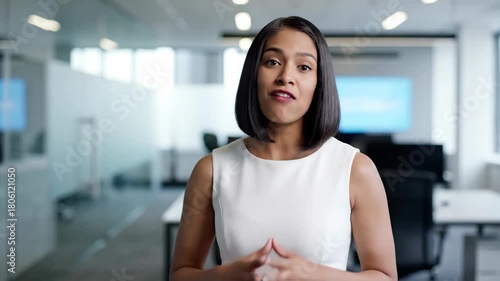 A professional businesswoman speaking directly to the camera in a modern office. A corporate spokesperson explaining a concept for a presentation or video call. Business communication concept