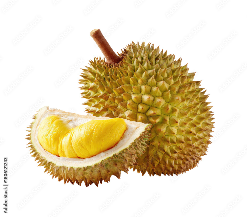 Obraz premium Spiky fruit with yellow flesh, one whole, one cut open