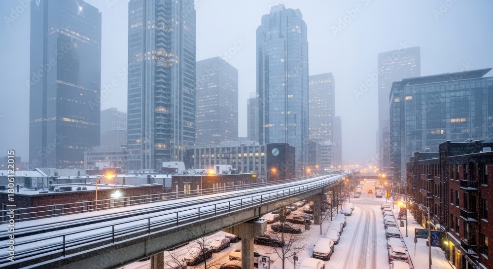 Fototapeta premium Snowy urban landscape with elevated train tracks and city skyline on a foggy day