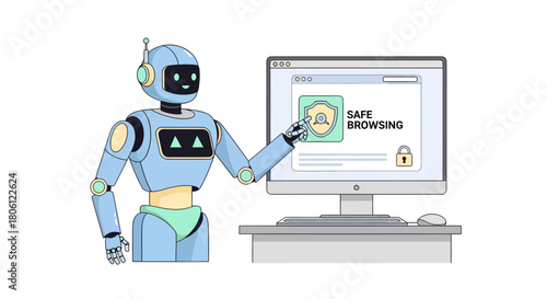 Secure digital future with AI robot promoting safe browsing on a modern computer for cybersecurity solutions and data protection in the digital age