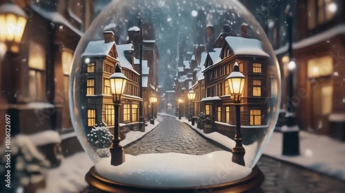 Victorian Era Street Snow Globe with Glowing Lamps