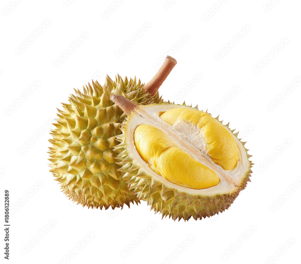 Obraz premium Spiky tropical fruit, one whole, one halved revealing yellow flesh
