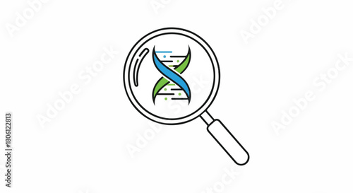 DNA Strand and Magnifying Glass Outline Icon, Genetic Research, Science, and Biotechnology