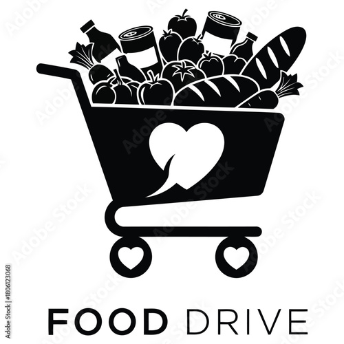 A black and white illustration of a shopping cart filled with food and a heart