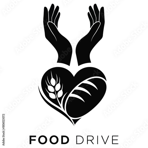 Hands cradling a heart filled with food a food drive symbol