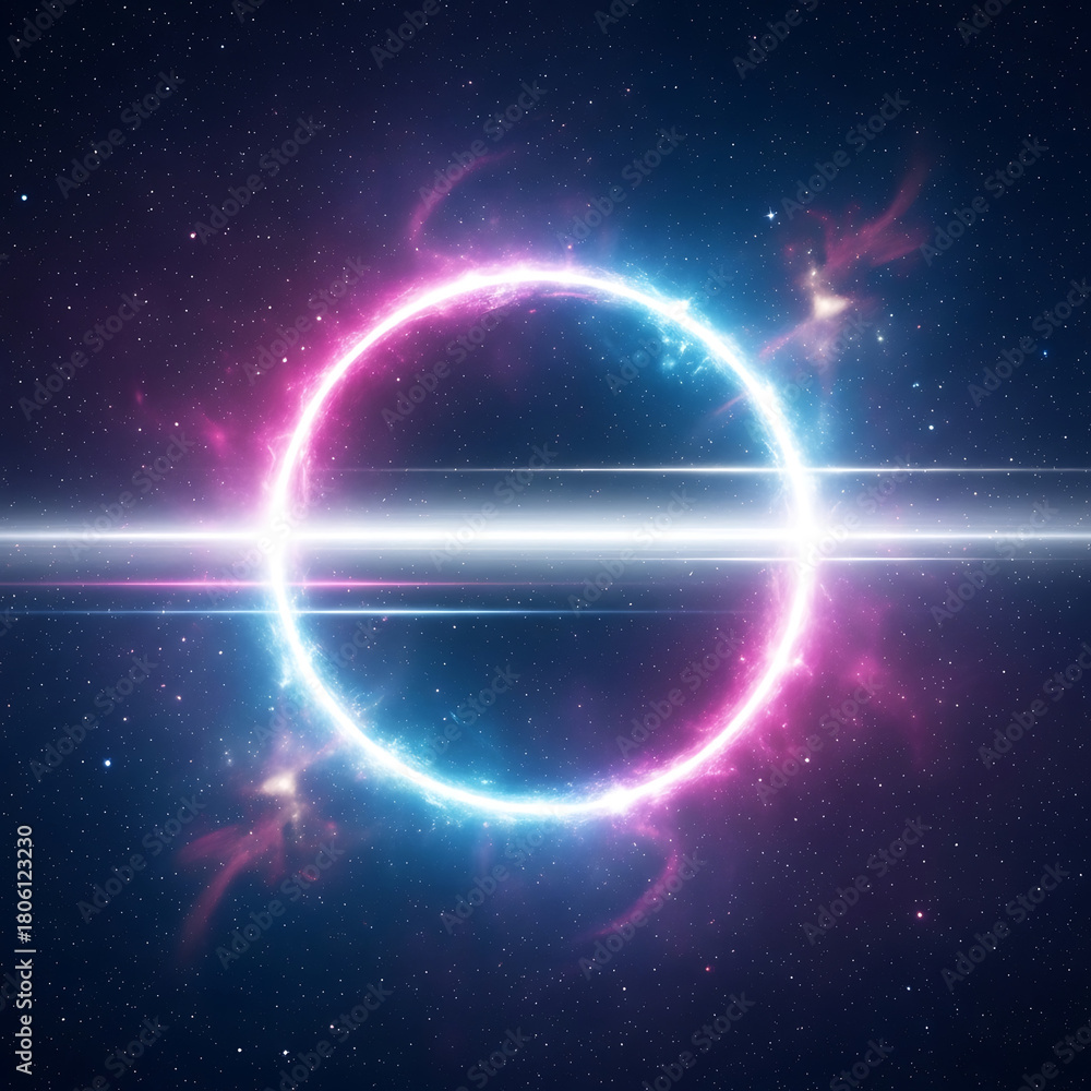 Obraz premium Glowing Neon Ring with Lens Flare in Space, cyber monday, cyber monday shoping,