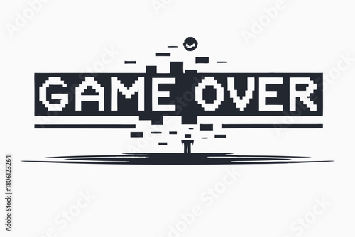 Pixelated 'Game Over' message displays above a dissolving character in this retro style design
