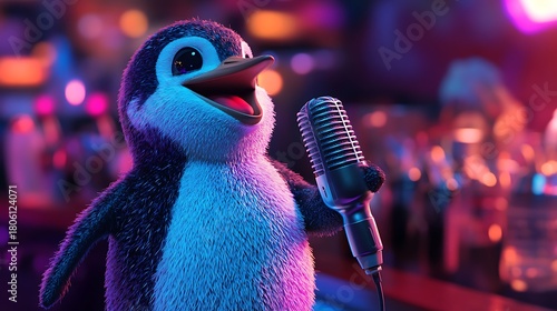 Stuffed penguin holding a microphone at a karaoke night
