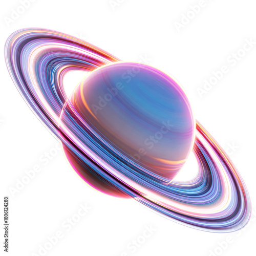 Swirling luminous planet with vibrant colorful rings isolated on white on a transparent background, cut out