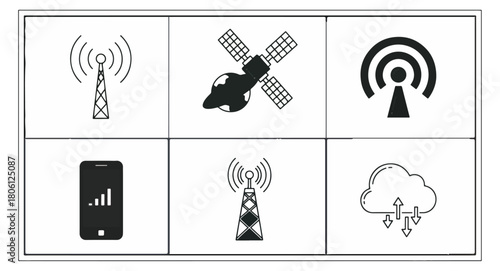 Communication technology icons illustrating wireless data transfer