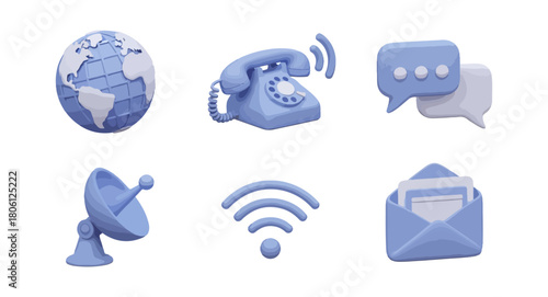 Communication icons set globe phone chat bubbles satellite dish wi fi envelope
