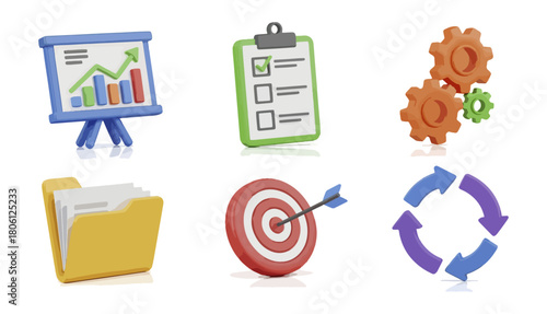 Business and productivity icons set presentation checklist gears folder target and cycle