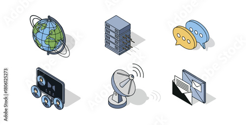 Isometric icon set globe server chat bubbles audio satellite dish email