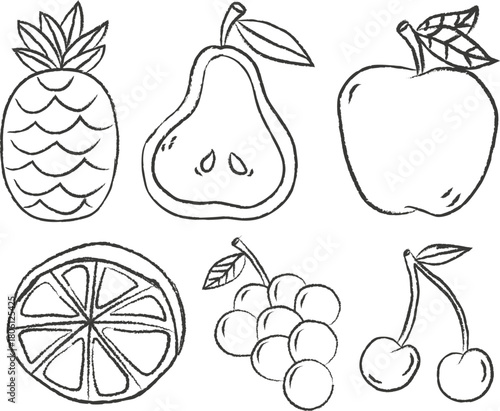 Hand drawn chalk fruits and berries. Trendy doodle vector illustration. Natural tropical fruits. cherry, apple, lemon, avocado, pineapple, La dolce vita italian sketch style