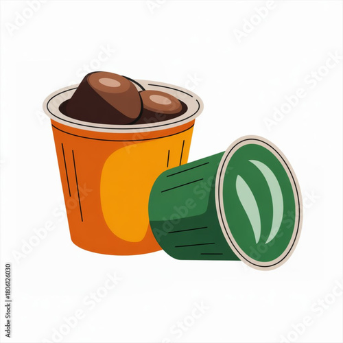 Two colorful coffee pods one orange with brown coffee beans and one green with white accents.