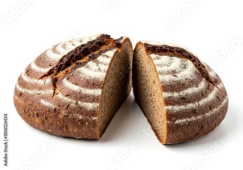 Artisan rye bread loaf, freshly baked and sliced in half isolated on white background