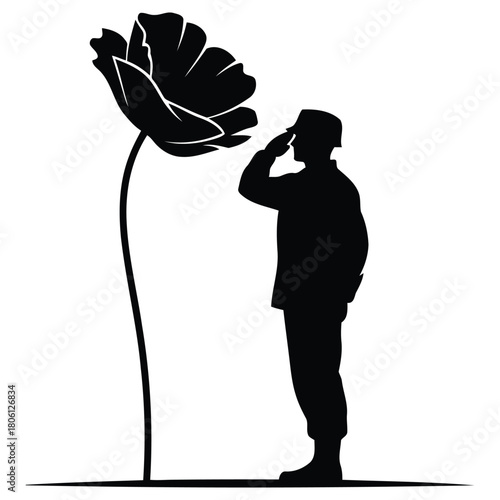 Silhouette of a soldier saluting a large flower remembrance and respect