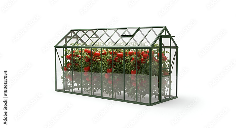 Obraz premium Glass Greenhouse Full of Red Flowers and Plants on White Background