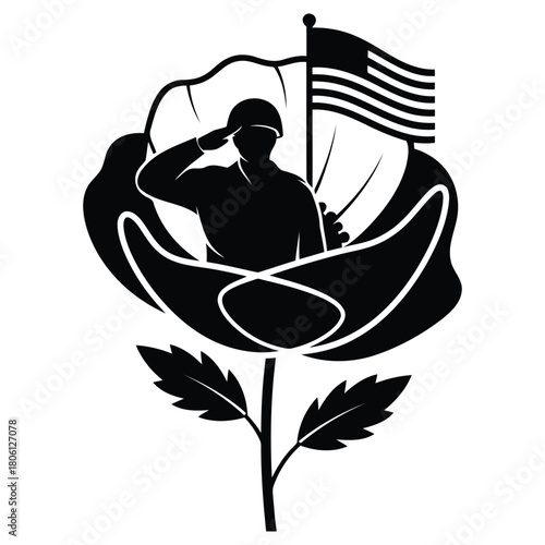 A soldier saluting within a poppy flower honoring veterans with respect