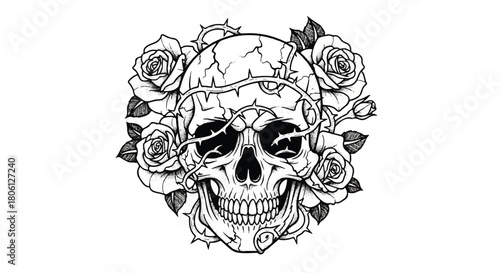 Vintage Engraving Skull and Rose Wreath