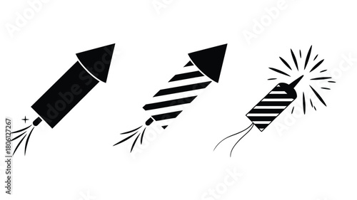 Set of firework rocket icons simple black glyph vector design isolated on white background for festive celebration elements