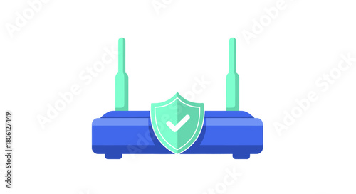 Secure internet connection with modern blue router protected by shield, perfect for network security, privacy, and reliable wifi at home or office