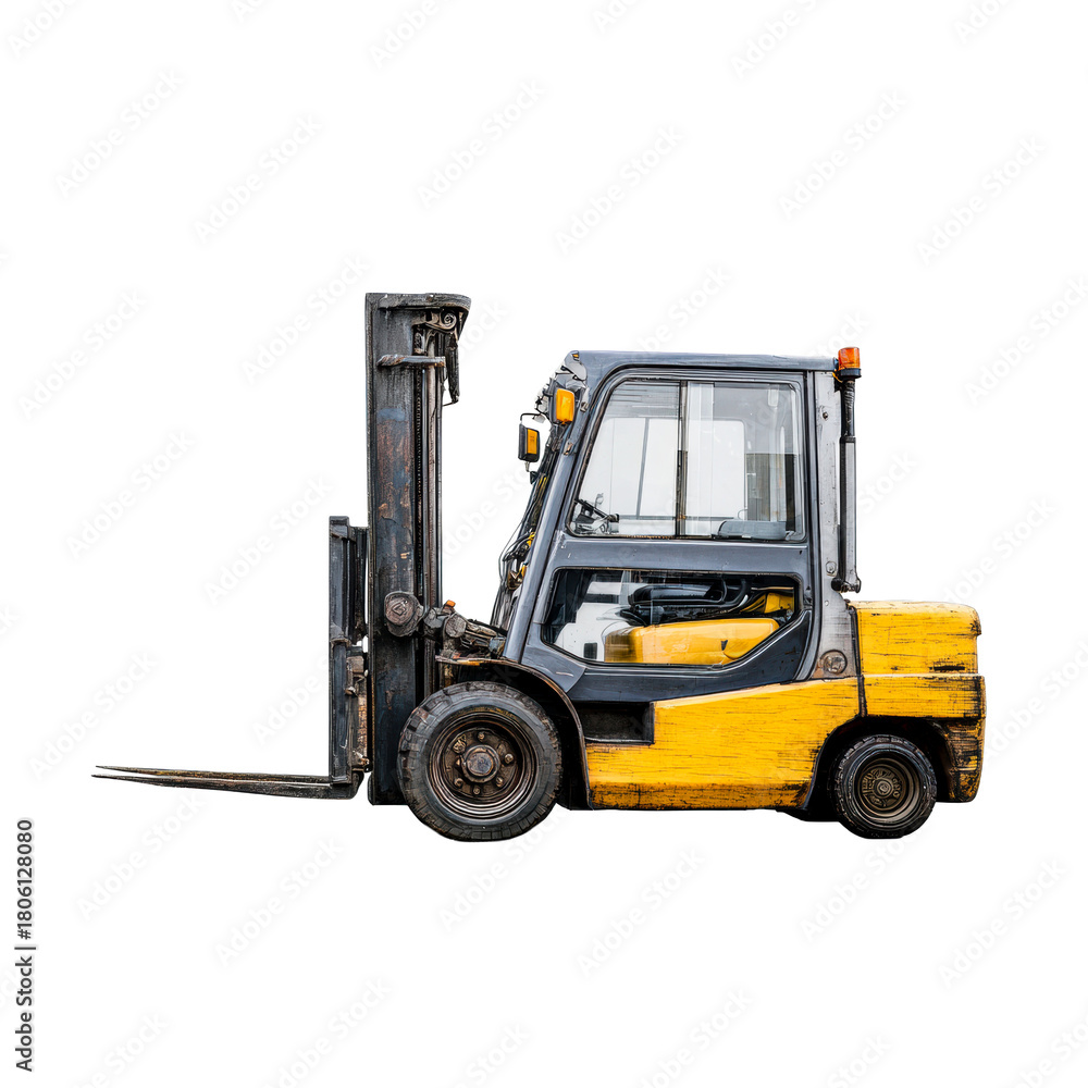 Fototapeta premium Yellow and gray industrial forklift vehicle with metal forks and wheels on a transparent background, cut out