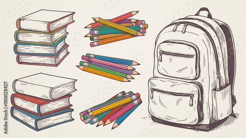 Back to school sketch illustration featuring books pencils and a backpack perfect for educational designs and school-themed projects