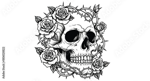 Gothic Skull with Roses and Thorn Crown