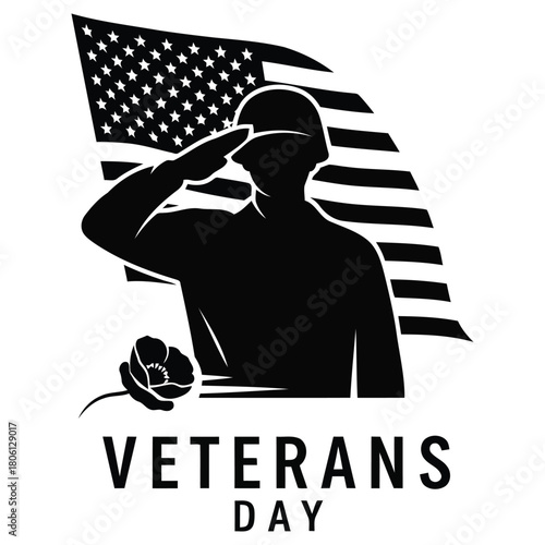 Silhouette of a saluting soldier in front of an american flag veterans day