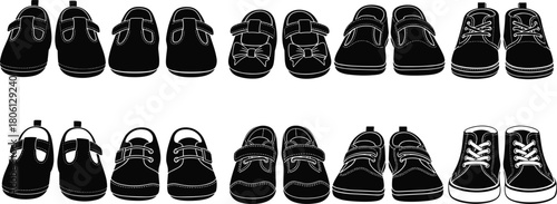 Baby shoes silhouettes set, kid footwear collection, toddler sneakers vector illustration, black boots icons, infant clothing accessories, newborn fashion, isolated on white background