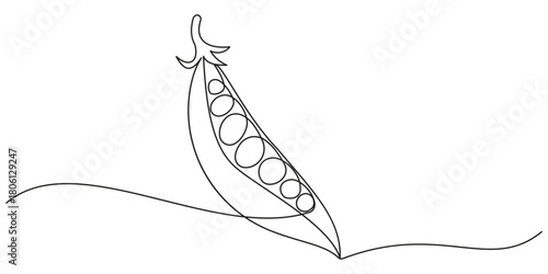Continuous one line drawing of whole healthy organic pea for harvesting logo identity. Fresh seed pod of sativum concept vegetable icon. Single line draw design vector graphic illustration.