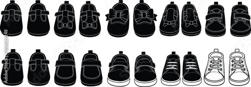 Baby shoes silhouettes set, infant footwear collection, toddler sneakers vector illustration, black boots icons, newborn clothing accessories, kid fashion, isolated on white background