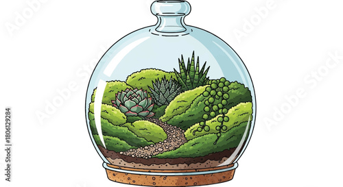 Glass Terrarium Dome with Various Succulent Plants, Moss, and Sand Vector Illustration
