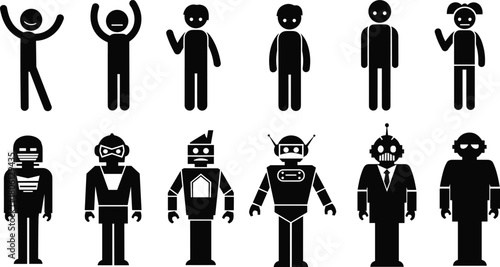 Human and robot silhouettes set, stick figure people icons, artificial intelligence technology, cyborg character collection, black vector illustration, future concept, isolated on white