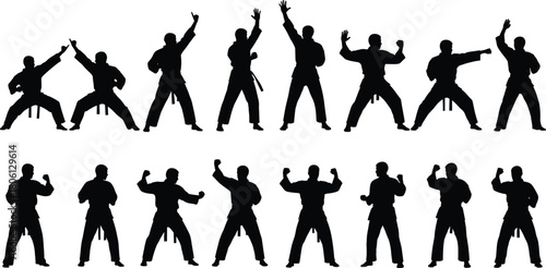 Karate silhouettes set, black martial arts figures, men fighting poses, sport training vector illustration, self defense actions, uniform fighter collection, isolated on white background