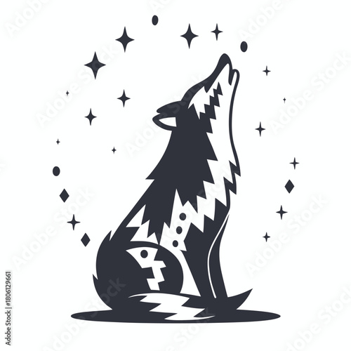 Stylish dark wolf silhouette howls under a circle of stars in monochrome elegance