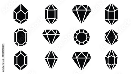 Set of diamond icons simple flat vector glyphs isolated on white background for jewelry design and luxury concepts