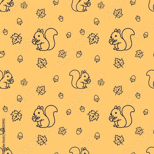 Charming seamless pattern of forest squirrels with acorns and fall leaves. A cute and playful autumn-themed vector background for kids