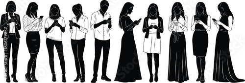 People holding smartphones set, group using mobile phones, black and white vector illustration, men and women texting, social media concept, standing characters collection, isolated