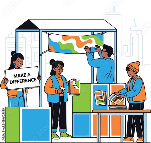 Four diverse people collaborating on a colorful community project with a sign that reads 'Make a Difference' in a vibrant outdoor setting with a cityscape background.