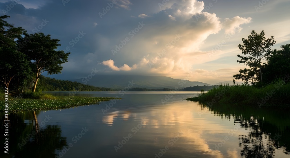 Obraz premium A serene landscape featuring calm lake waters reflecting soft golden sunset light, surrounded by trees and dramatic sky. Ideal for nature themes, travel imagery, and inspirational artwork.