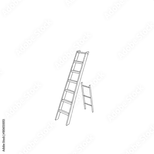 "A minimalistic engineering illustration of a step ladder in three-quarter perspective. Straight, parallel lines build every structural element. The scene has no shadows, colors, or gradients—just cle