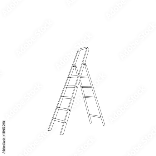 "A minimalistic engineering illustration of a step ladder in three-quarter perspective. Straight, parallel lines build every structural element. The scene has no shadows, colors, or gradients—just cle