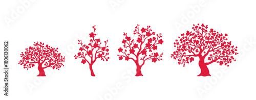Spring sakura branches, pink buds, and flowering trees illustrated in vector style.