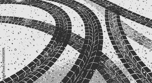 Tire tracks after skidding, launch, drift, powerslide in motorsport, rally, off-road, motocross. Wheel texture with splash effect. Vector, EPS version.