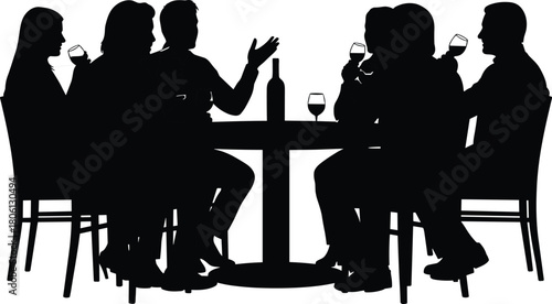 Silhouette dinner, wine gathering, circular table, social talk, storytelling, black figures, wine bottle, glass holding, evening party, interaction