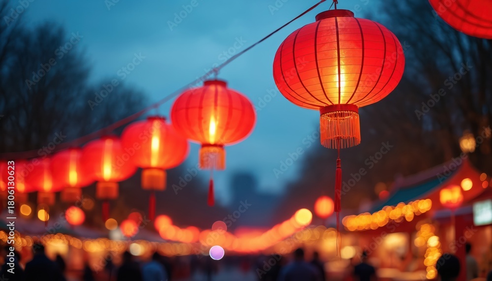 Obraz premium Red Chinese lanterns illuminate night sky at festival. Paper lanterns light up Chinatown at night. Asian cultural celebration with traditional lanterns in a row.