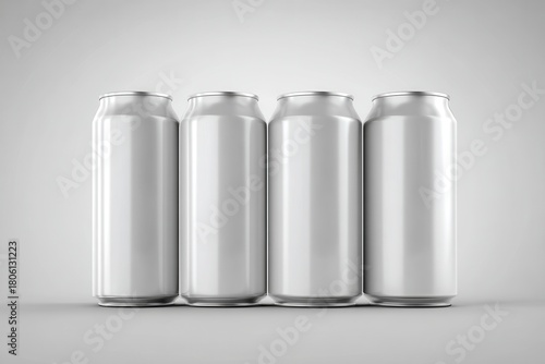 Four plain white aluminum cans arranged in a row on a light gray surface